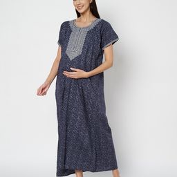 KOI SLEEPWEAR Knit Half Sleeves Floral Embroidered & Leaves Printed Maternity Nighty - Grey-image-4