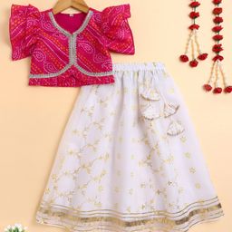 The Magic Wand Woven Flutter Sleeves Bandhani Printed Gota Lace Embellished Lehenga Choli Set - Fuchsia-picture-3