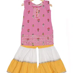 AATYA KIIDS Cotton Woven Sleeveless Floral Printed & Gota Lace Embellished Kurti & Sharara Set - Pink-picture-44