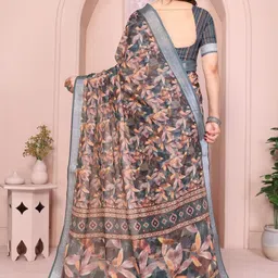 vj fashion Green Linen Blend Printed Sarees-image-69