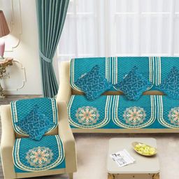SAWNA HOMES Blue Embroidered Velvet Sofa Cover-image-96