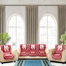 Aura Red & White 6 Pieces Floral Printed 5 Seater Sofa Covers-2