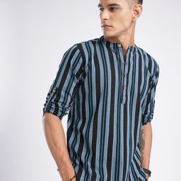 Anouk Rustic Band Collar Woven Design Striped Roll-Up Sleeves Kurta-picture-14