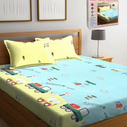 FABINALIV Blue & Yellow Cartoon Characters 300 TC King Bedsheet with 2 Pillow Covers-image-77