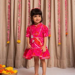 Budding Bees Girls Pink Bandhani Printed Dress-image-99