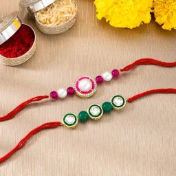 Peora Rani Pink - Green Traditional Rakshabandhan with Kundan & Pearl Rakhi for Brother - Set of 2-11