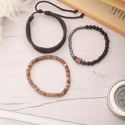 Aatmana Brown Beaded Elasticated Flexible fit Bracelet Set of 3-2