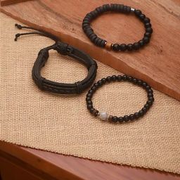 Aatmana Black Brass Beaded Elasticated Flexible fit Bracelet Set of 3-9