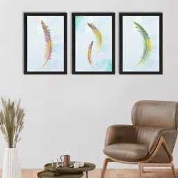 eCraftIndia Colorful Feather with Golden Texture Set of 3 Satin Matt Texture UV Art Painting-32