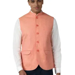 Peter England Peach  Regular Fit Self Pattern Nehru Jacket-image-59