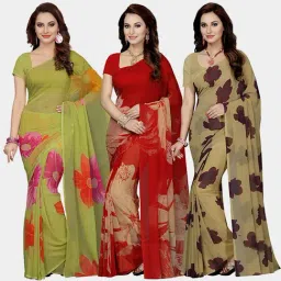 Ishin Multicolored Printed Saree With Unstitched Blouse - Pack Of 3-image-7