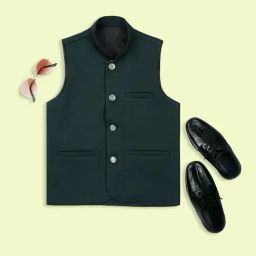 Kids Island Boys Green Solid Nehru Jacket-picture-45