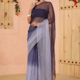 Geroo Jaipur Blue Shaded Net Patch Work Chiffon Saree image 2