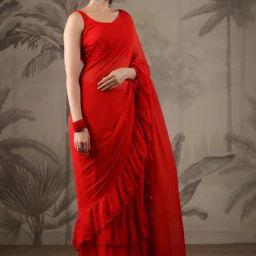 Geroo Jaipur Red Chiffon Ruffle Saree image 3