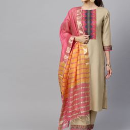 Indo Era Muted Hazelnut Geometric Yoke Kurta Set-54