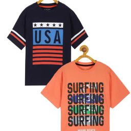 Plum Tree Kids Navy & Peach Cotton Printed T-Shirt (Pack of 2)-image-39