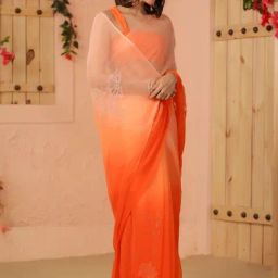 Geroo Jaipur Orange Shaded Net Patch Work Chiffon Saree image 3