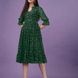 Fashion2wear Green Floral Elbow sleeves Midi Dress-image-65