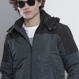 The Indian Garage Co Men Navy Blue & Black Colourblocked Detachable Hood Padded Jacket-image-98