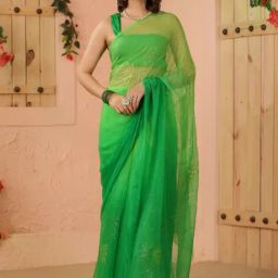 Geroo Jaipur Green Shaded Net Patch Work Chiffon Saree-image-16