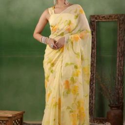 Geroo Jaipur Yellow Hand Painted Chiffon Saree-picture-20