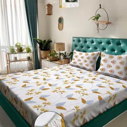 KLOTTHE Cream And Yellow Floral Printed Cotton 400 TC Double Bedsheet Set 2.50 m x 2.20 m-image-5