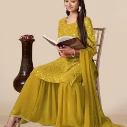 PARROT CREATION Geometric Embroidered Georgette Straight Kurta With Sharara & Dupatta image 2