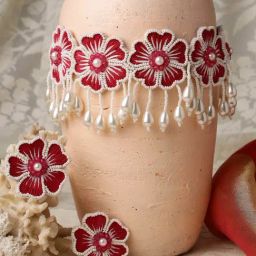 Moedbuille White Pearls Handcrafted Embroidered Pink Floral Design Contemporary Necklace Set-18