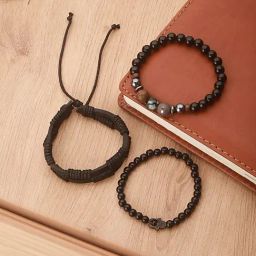Aatmana Black Beaded Brass Elasticated Flexible fit Bracelet Set of 3-16