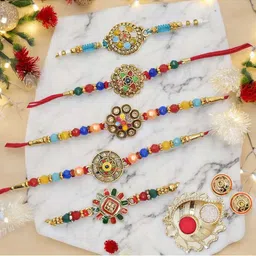 MEIRA JEWELLERY 5-Pcs Rakhi With Roli Chawal & Greeting Card-image-61