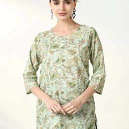 SHOWOFF Green Cotton Floral 3/4th sleeve Kurti-image-58