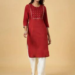 Rangmanch by Pantaloons Maroon Cotton Embroidered Straight Kurta-image-58