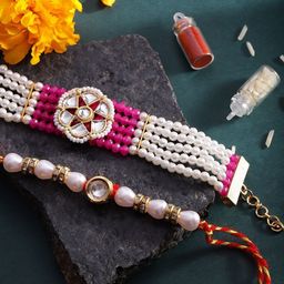 Sangria Stone Studded & Beaded Bhai Bhabhi Thread Rakhis With Roli Chawal & Greetings Card-image-43