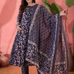 RangDeep Floral Printed Round Neck Pure Cotton A-Line Kurta With Trousers & Dupatta-37
