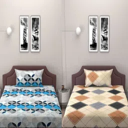 BELVOSTUM Blue & Brown 250 TC 2 Single Bedsheet with 2 Pillow Covers-picture-48