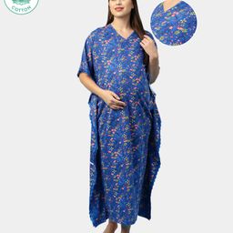 ECOMAMA Half Sleeves Organic Cotton & Bamboo Antimicrobial Kaftan Style Lace Maternity Nighty Floral Printed - Blue-image-66