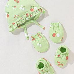 Babyoye Eco Conscious FemaleCotton Eco Jiva Muslin Cap Mitten & Booties Set Leaf Print Green- Circumference 39 cm-picture-22