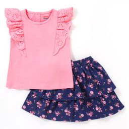 Babyhug 100% Cotton Half Sleeves Top & Skirt Floral Print - Pink & Navy-image-88