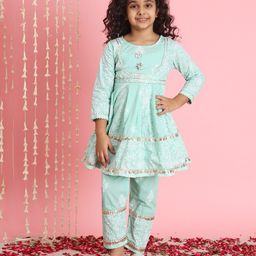 READIPRINT Three Fourth Sleeves Seamless Floral Design Printed & Gota Lace Embellished Kurta With Coordinating Sharara - Green-picture-40