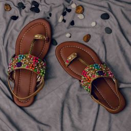 LIL PITAARA Beads Embellished  Zari Kolhapuri Sandals -Tan-picture-15
