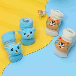 Yellow Bee Pack Of 2 Bear & Tiger Embellished Socks - White & Blue-image-65