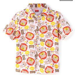 Babyhug Cotton Knit Half Sleeves Lion Printed Shirt - White & Beige-image-46
