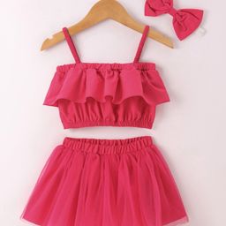Kookie Kids Sleeveless Solid Singlet Top & Skirt Set with Bow - Fuchsia-picture-21