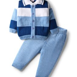 Babyhug Knit Full Sleeves Front Open Sweater Set With Collar Neck & Stripes - Multi Colour-picture-26
