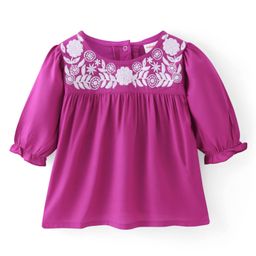 Babyhug Rayon Knit Three Fourth Sleeves A Line Top with Floral Embroidery - Dark Pink-image-56