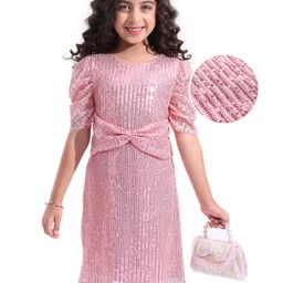 Hola Bonita Half Layered Sleeves Sequined Party Frock With Bow and Mesh-Pink-image-39