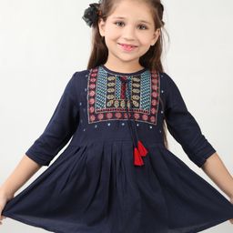 ISHTI Three Fourth Sleeves Floral Embroidered Top -  Navy Blue-image-26