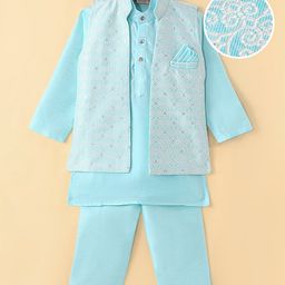 Ridokidz Full Sleeves Solid Kurta Pyjama With Abstract  Embroidered Sequin Embellished Jacket - Sky Blue-image-85