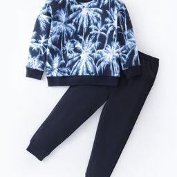 Tiara Fleece Full Sleeves Palm Tree Printed Sweatshirt With Pant - Navy Blue-image-20