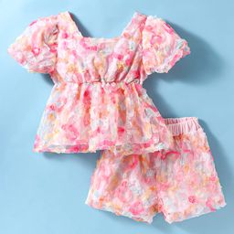 Kookie Kids Half Sleeves Top & Shorts Set With Floral Applique - Pink-image-26